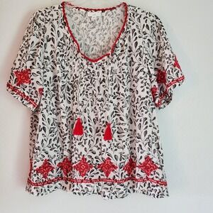 J Jill Shirt Womens Small‎ Black White Red Embroidered Peasant Boho Tassel Top